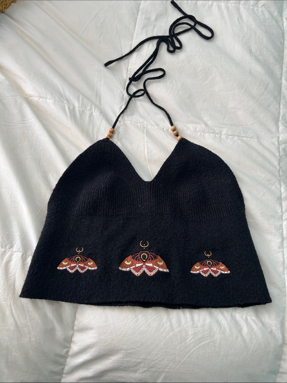 Source Unknown Black Knit Halter Tank with Brown & Red Embroidered Moth Motifs